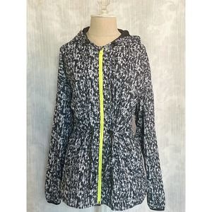Fabletics Siena Lightweight Hooded Black & White & Lime Windbreaker Rain Jacket